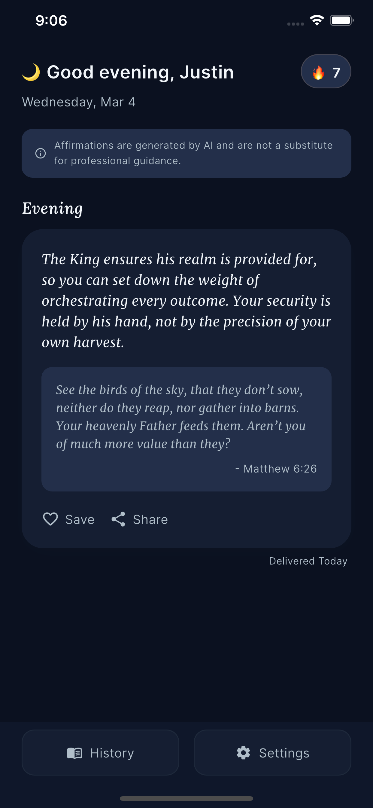 Anchored app dark mode — AI-generated Bible verse affirmations tailored to your faith journey